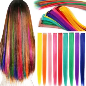 These nine colorful rainbow clip in hair extensions are perfect for adding a fun splash of color to girls' or dolls' hair, ideal for parties, festivals, or as a unique gift.