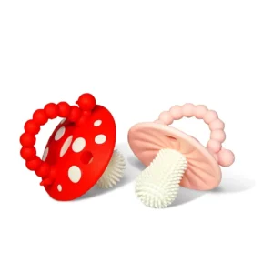 RaZbaby Chompy teether in red and pink provides soothing relief for baby's sore gums with its soft silicone massaging bristles and easy-to-hold ergonomic design.