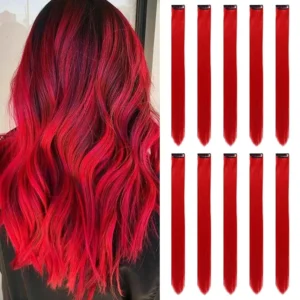 Ten red clip in hair extensions, each 22 inches long, offer a vibrant and easy way to add color and style to your hair for parties, cosplay, or everyday fashion.