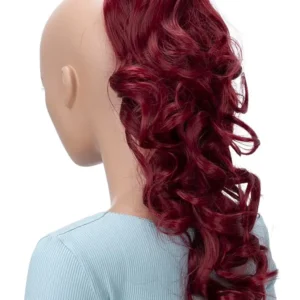This is a 20 inch red heat-resistant synthetic ponytail extension with a clip, perfect for adding volume and length.