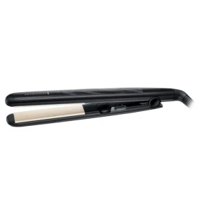 Black Remington S3500 hair straightener with ceramic, tourmaline ionic plates for smooth, shiny, and anti-static hair styling.