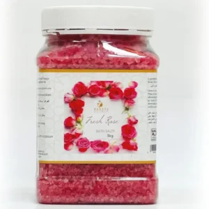 A close-up of MEDSPA rose bath salts infused with hibiscus flowers, perfect for a calming and relaxing aromatherapy experience, muscle pain relief, and foot odor elimination.