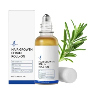 Rosemary hair growth serum roll on for women and men with rosemary, redensyl, anagain, biotin, and niacinamide to promote thicker, fuller hair.