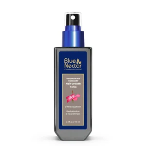 Blue Nectar Rosemary Hair Growth Serum infused with Bhringraj and other Ayurvedic herbs to nourish the scalp, tame frizz, and promote healthy hair for both women and men.