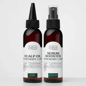 Tashe Professional rosemary and biotin hair growth serum and oil set designed to strengthen and nourish hair for thicker, healthier looking results.