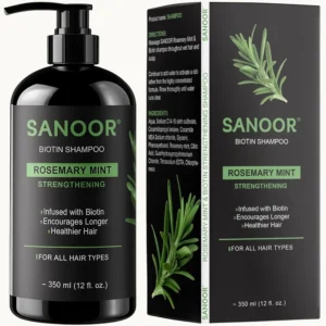 Sanoor rosemary mint shampoo infused with biotin promotes hair growth, reduces dandruff, and soothes itchy scalp, ideal for all hair types.