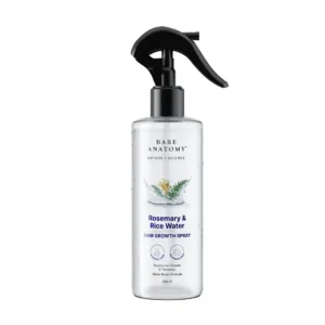 Bare Anatomy rosemary water and rice water spray promotes hair growth and thickness, leaving hair soft, smooth, and manageable.