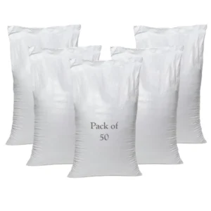 Pack of fifty heavy-duty woven polypropylene rubble sacks, each measuring 55cm x 85cm, ideal for bricks, rubble, cement, and logs.