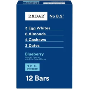Twelve RXBAR blueberry protein snack bars, each weighing 0.624 pounds or 1.375 kilograms, perfect for a protein-packed snack.