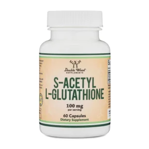 Double Wood S-Acetyl L-Glutathione capsules in hygienic packaging, formulated with care and packed with goodness.