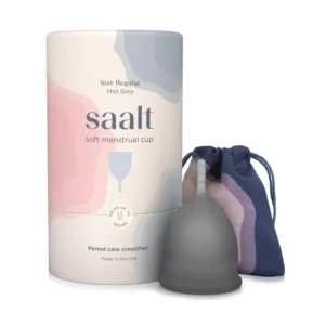 The Saalt Soft menstrual cup is a reusable, grey, and flexible cup designed for comfortable, leak-free period protection for up to 12 hours, perfect for those with sensitivities.