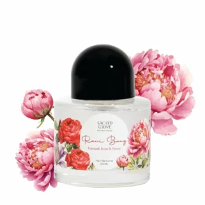 Sacred Grove Rani Baug hair perfume is a hydrating, alcohol-free eau fraiche with a floral damask rose scent that refreshes and lightly fragrances hair.