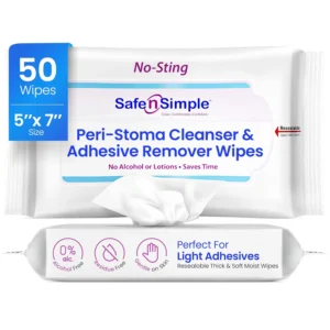 Safe n Simple stoma adhesive remover wipes gently and effectively remove adhesive residue from the skin without irritation, promoting better pouch adherence.