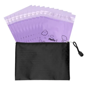 This image shows a pack of 100 purple opaque sanitary disposal bags designed for discreetly disposing of feminine hygiene products like tampons and pads, along with a black storage bag for convenient carrying.