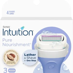Schick Intuition Pure Nourishment razor refill cartridges with four blades and skin conditioning solid enriched with coconut milk and almond oil for a smooth, moisturized shave.