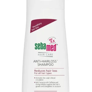 Bottle of Sebamed Anti Hair Loss Shampoo, a 400 ml shampoo suitable for all hair types.