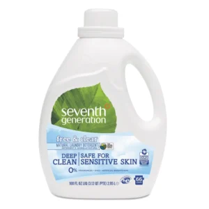 Seventh Generation Free & Clear laundry detergent in a 100 oz bottle, formulated for sensitive skin and effective on tough stains without dyes or fragrances.