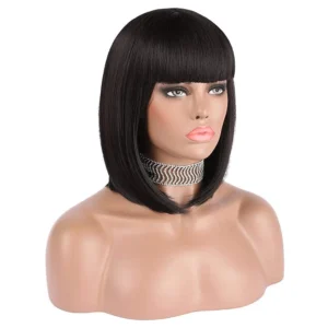 This eNilecor short black bob wig with bangs offers a natural look and feel, perfect for cosplay or daily wear, made from high-quality synthetic fiber.