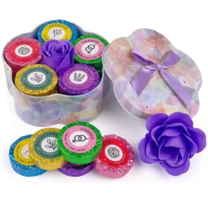Twenty aromatherapy shower steamers in a flower-shaped metal box offer a relaxing spa experience with essential oils like lavender and eucalyptus for stress relief and respiratory health during bath time.