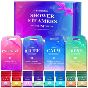 This 24 pack of shower steamers contains aromatherapy tablets with 8 different scents and natural ingredients, individually wrapped for freshness and convenience.
