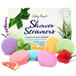 Six natural shower steamers aromatherapy tablets with essential oils for a relaxing spa experience at home.
