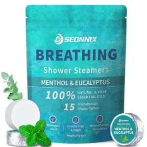 This aromatherapy shower steamer set offers nasal congestion relief with natural eucalyptus and menthol essential oils for a relaxing, spa-like experience at home.