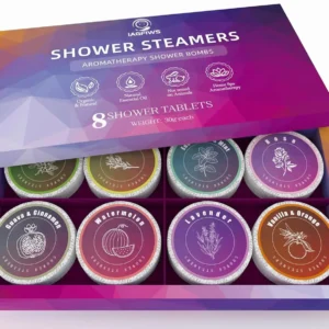 This aromatherapy shower steamer set includes eight individually wrapped shower bombs made with natural essential oils like eucalyptus, lavender, rose, and vanilla to create a relaxing home spa experience.