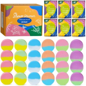 This 24 pack of aromatherapy shower steamers offers six different natural essential oil fragrances like lavender, rose, and eucalyptus for a spa-like and relaxing shower experience.