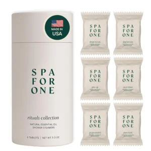 Six aromatherapy shower steamers with natural essential oils, including lavender, rose, eucalyptus, mint, citrus, and orange blossom scents, for a relaxing and luxurious shower experience.