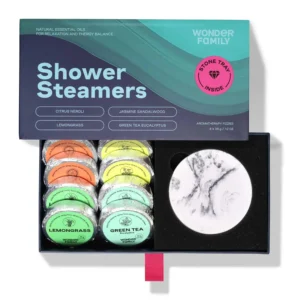 Aromatherapy shower steamers gift set with essential oils including green tea, jasmine, lemongrass and citrus for sinus relief and spa-like relaxation.