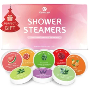 This aromatherapy shower steamer set makes the perfect birthday or Christmas gift for women, offering stress relief and relaxation with natural essential oils like lavender, eucalyptus, and peppermint, in a color-free formula that won't stain your shower.