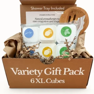 Six Bare Botanics aromatherapy shower steamers in assorted scents offer a relaxing and mood-boosting spa experience at home with natural essential oils.