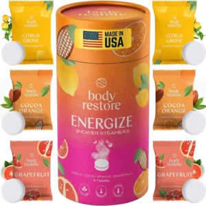 A six pack of Body Restore citrus shower steamers, infused with essential oils, provides aromatherapy for stress relief and revitalization, making it the perfect gift for women.