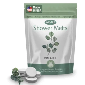 Ten pack of eucalyptus shower steamers with essential oils for aromatherapy that help clear sinuses and provide relaxation.