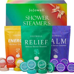 This aromatherapy shower steamers gift set includes 18 organic shower bombs with eucalyptus and mint essential oils, perfect birthday gifts for women looking for relaxation and nasal relief during their shower.