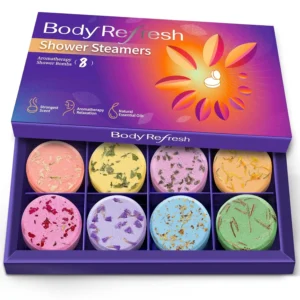 This aromatherapy shower steamer gift set features eight different scented shower bombs made with essential oils and flower petals for a relaxing home spa experience.