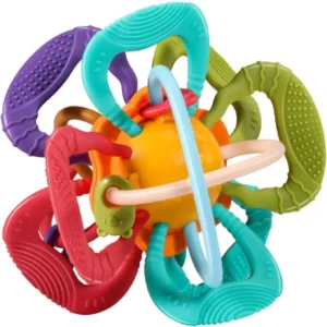 The soft and flexible elephant-shaped baby teether is made of food-grade silicone and helps to soothe sore gums.