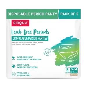 Sirona disposable period panties for women offer 360-degree sanitary protection with super absorbent microbeads for four times more flow absorption, ensuring no leakage and stress-free comfort.