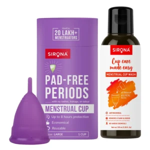 Sirona reusable menstrual cup for women, designed for leak-proof and comfortable period protection for up to 10 hours, includes rose fragrance wash.