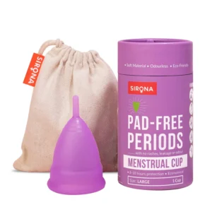 Sirona menstrual cup is a large, reusable period cup made of soft, flexible, medical-grade silicone for up to 12 hours of leak-proof protection, saving money and reducing environmental impact.