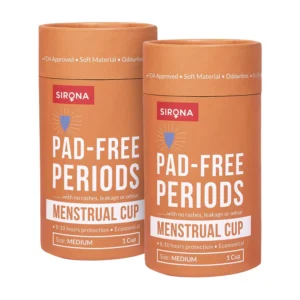 Two medium-sized Sirona menstrual cups made of soft, medical-grade silicone provide odor and rash-free protection for women aged 25-35 with usual to heavy flow who have given birth.