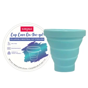 Foldable Sirona menstrual cup sterilizing container made of food-grade silicone for quick and easy microwave sterilization of menstrual cups, killing 99% of germs.