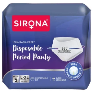 Sirona disposable period panties in size large to extra-large offer 360-degree sanitary protection for heavy flow with super absorbent microbeads, ensuring no leakage, rashes, or discomfort.