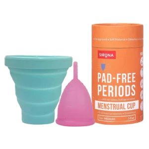 Sirona sterilizing container with medium menstrual cup is made of medical-grade silicone and collapses for easy portability and quick microwave sterilization.