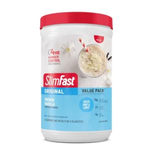 SlimFast French Vanilla shake mix powder provides 10g of protein, 4g of fiber, and 24 essential vitamins and minerals for a delicious meal replacement and hunger control.