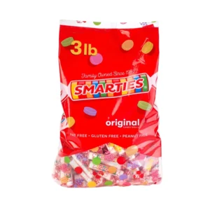 A 48 ounce resealable bag of Smarties candy rolls, individually wrapped and containing only 25 calories per roll, made with dextrose and natural and artificial flavors.