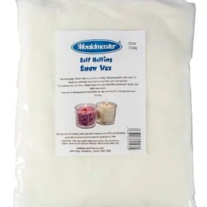 White Mouldmaster snow candle granules, a blend of paraffin wax with maximum 10% scent, ready to wick in containers without melting.