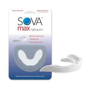 The SOVA Max night guard is a thin, remoldable dental protector designed to prevent teeth grinding and clenching, offering relief from jaw pain and headaches.