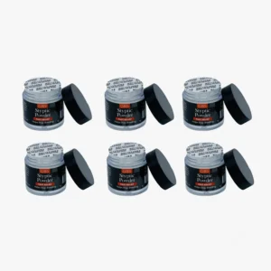 This image shows a six-pack of G.B.S styptic powder vials that quickly stop bleeding from minor cuts, nicks, and nosebleeds, using aluminum sulfate to create a protective scab without relying on clotting factors, ideal for first aid and camping.