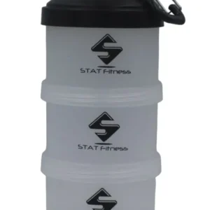 Portable interlocking supplement travel container, STAT Stacker, in a set of two bottles, for on the go powder storage.